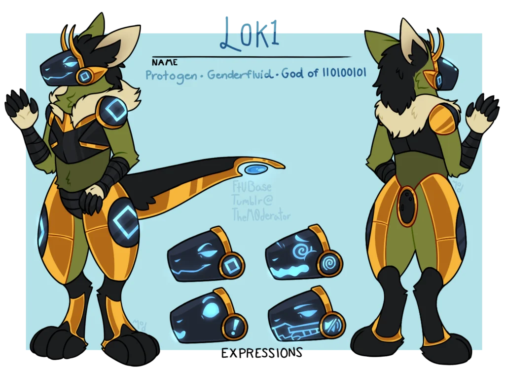 Reference sheet: olive and orange protogen with visor expressions, titled Loki