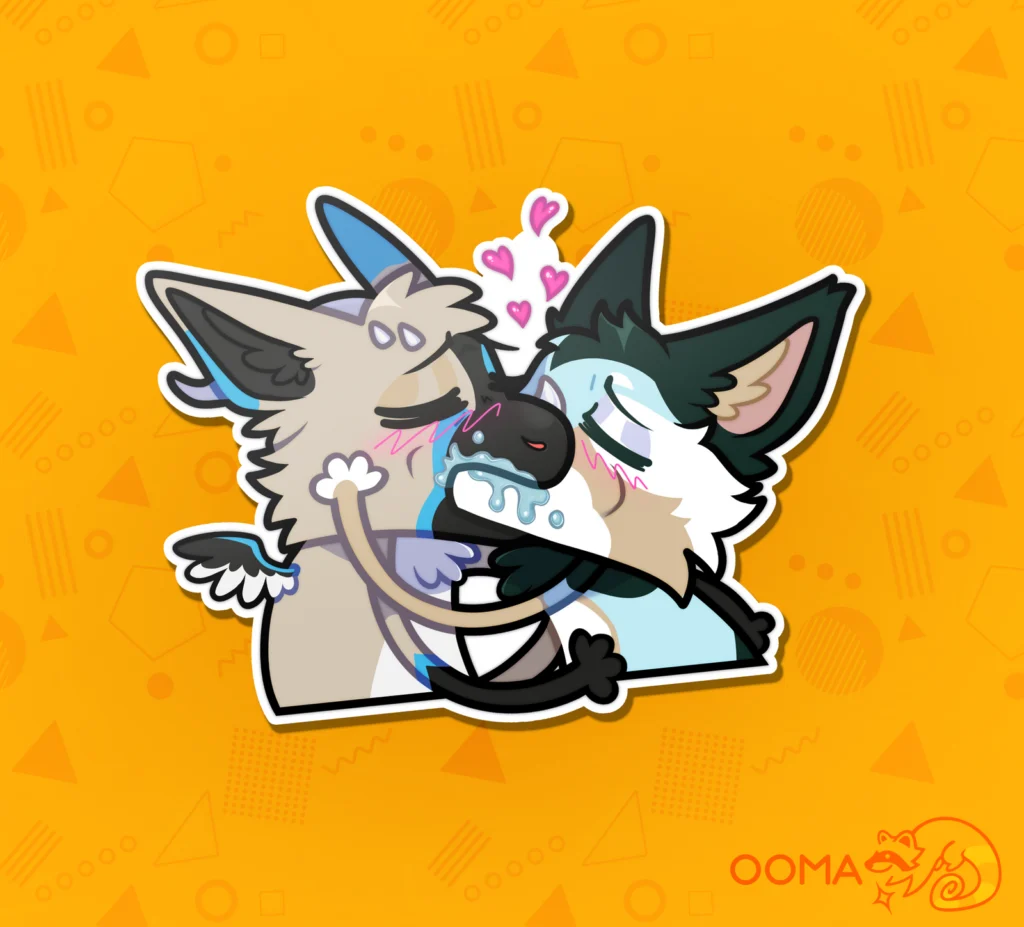 Skrunkle sticker: two canines sharing a kiss with hearts on orange background