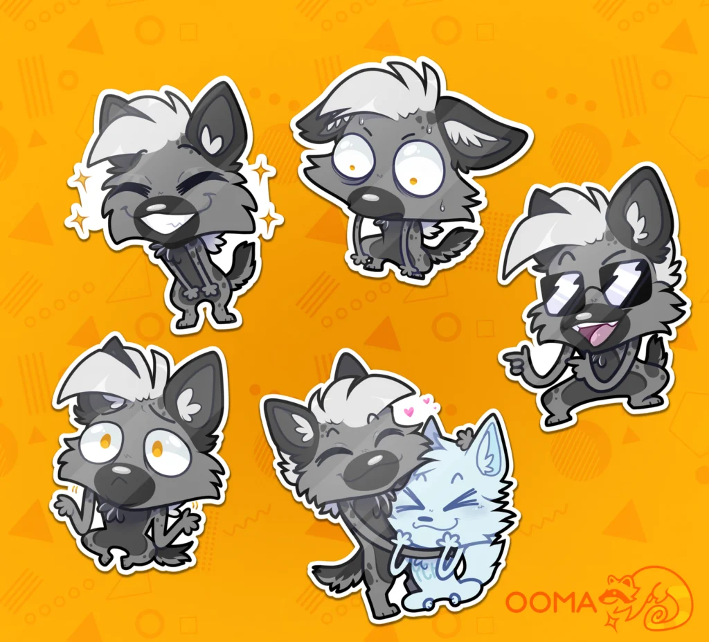 Skrunkle stickers: five grey canine expressions, including sunglasses and a hug