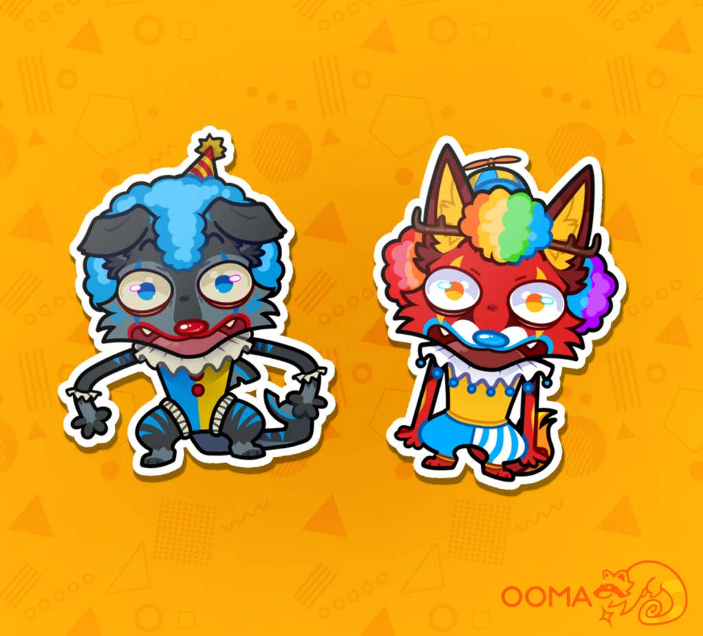 Skrunkle stickers: two canines dressed as colourful clowns with party hats