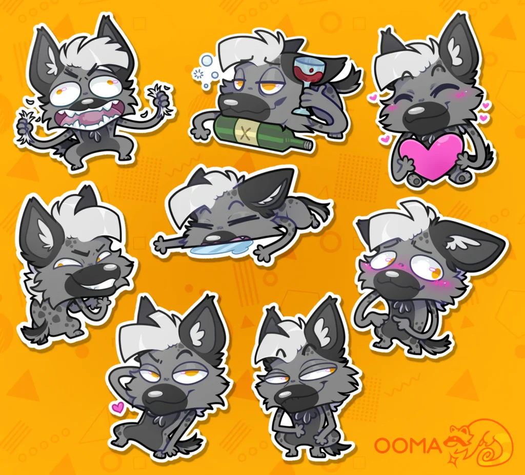 Skrunkle stickers: eight grey canine emotes including wine, heart and sleepy poses
