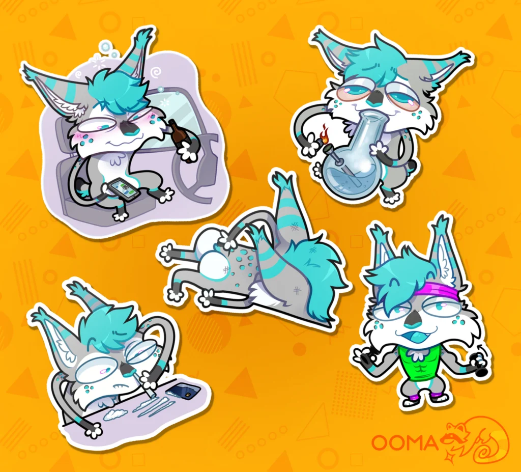 Skrunkle stickers: five teal-haired lynx-like character emotes on orange background
