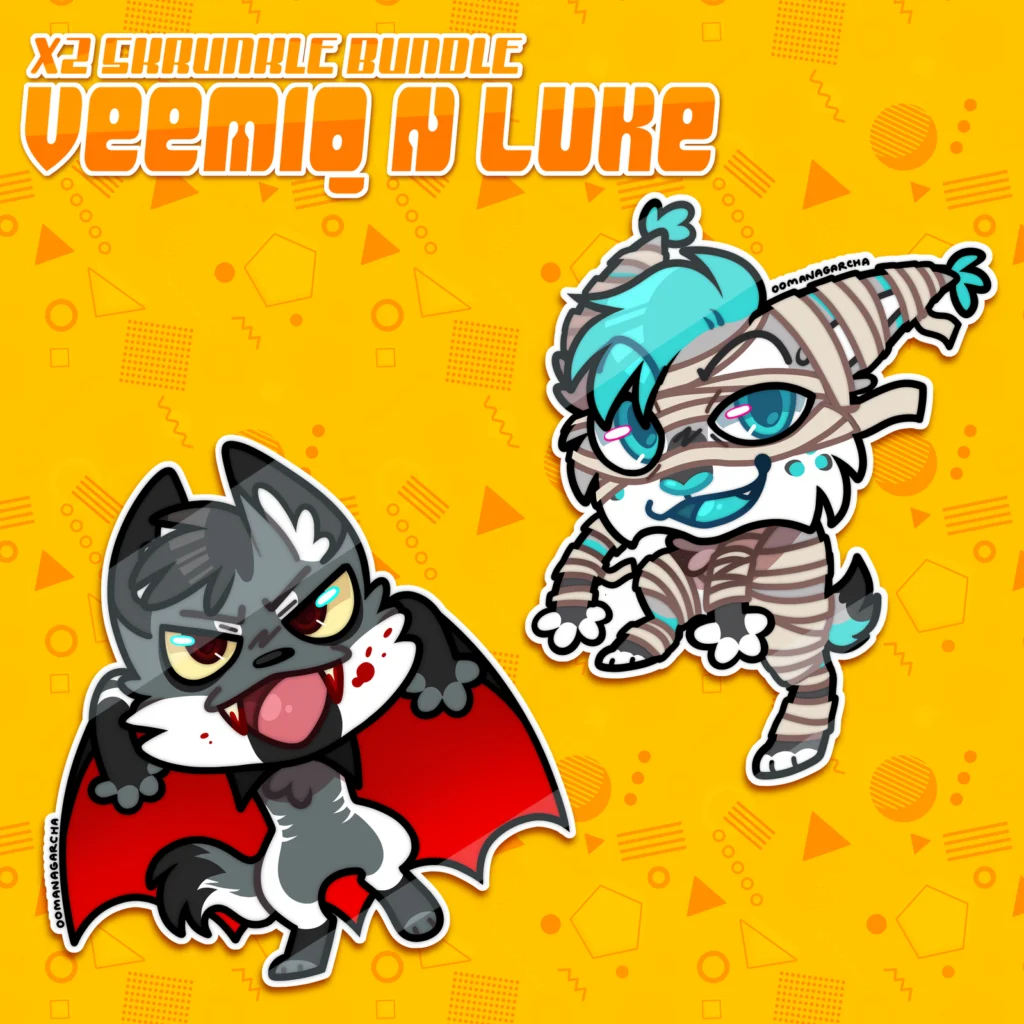 Skrunkle bundle: vampire canine and mummy-wrapped critter, titled Veemiq N Luke