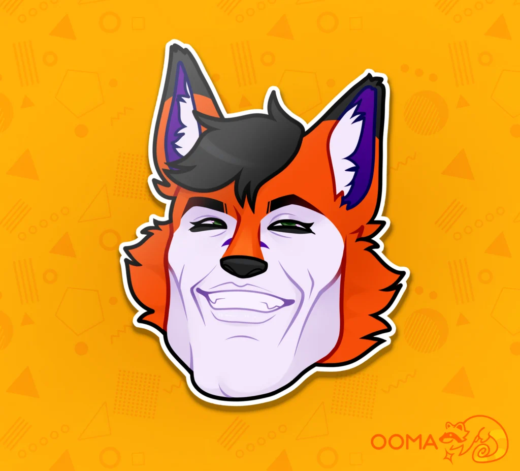 Skrunkle sticker: orange fox head with an exaggerated wide human-like grin