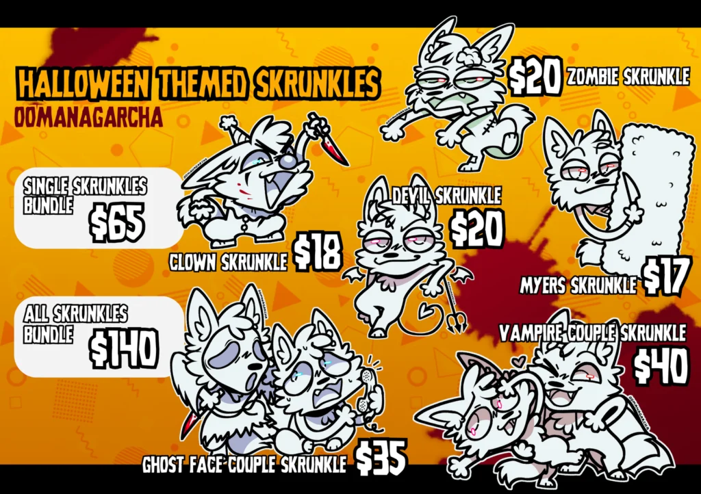 Skrunkle price sheet: Halloween themed skrunkle options sketched in black and white