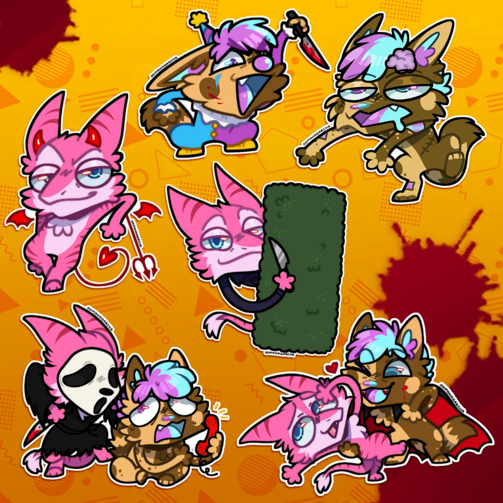 Skrunkle stickers: pink and brown critters in Halloween costumes with blood splatters