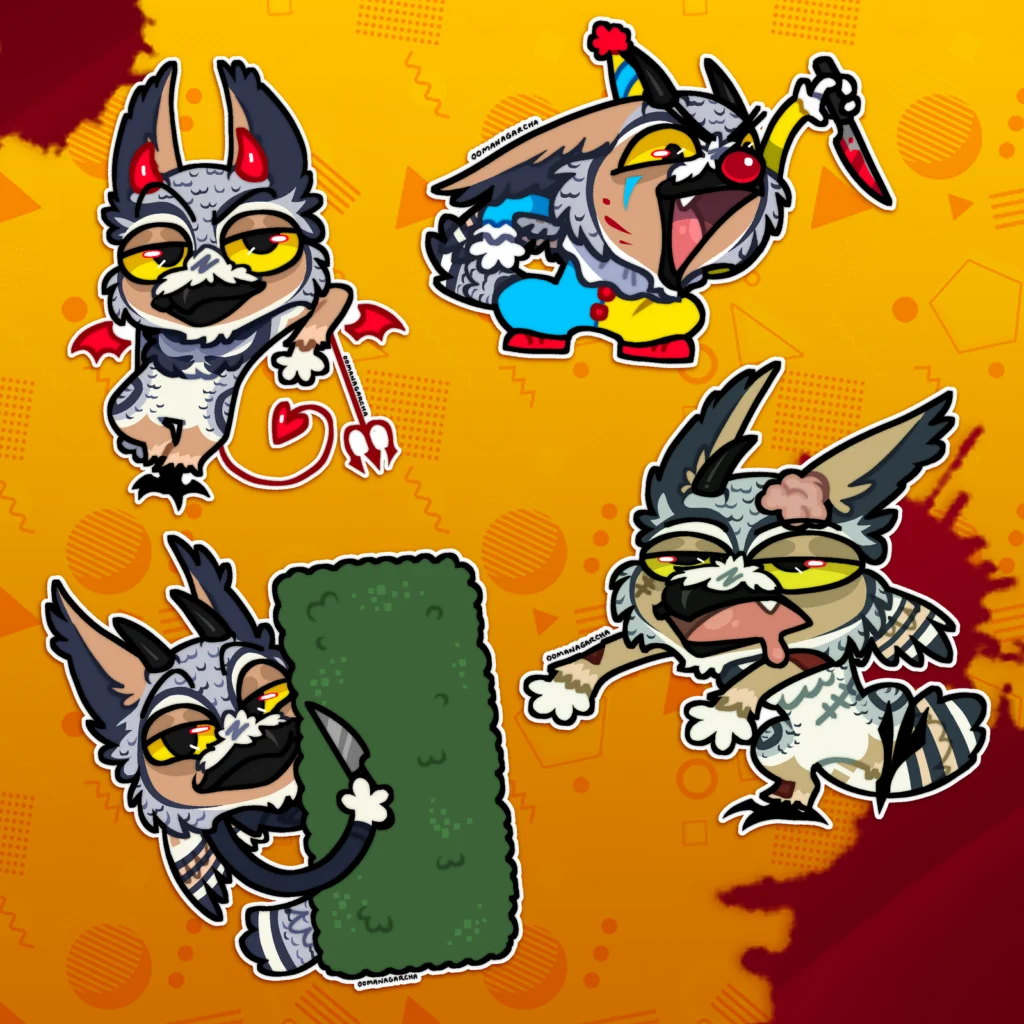 Skrunkle stickers: grey horned owl-like critter in four Halloween costume poses